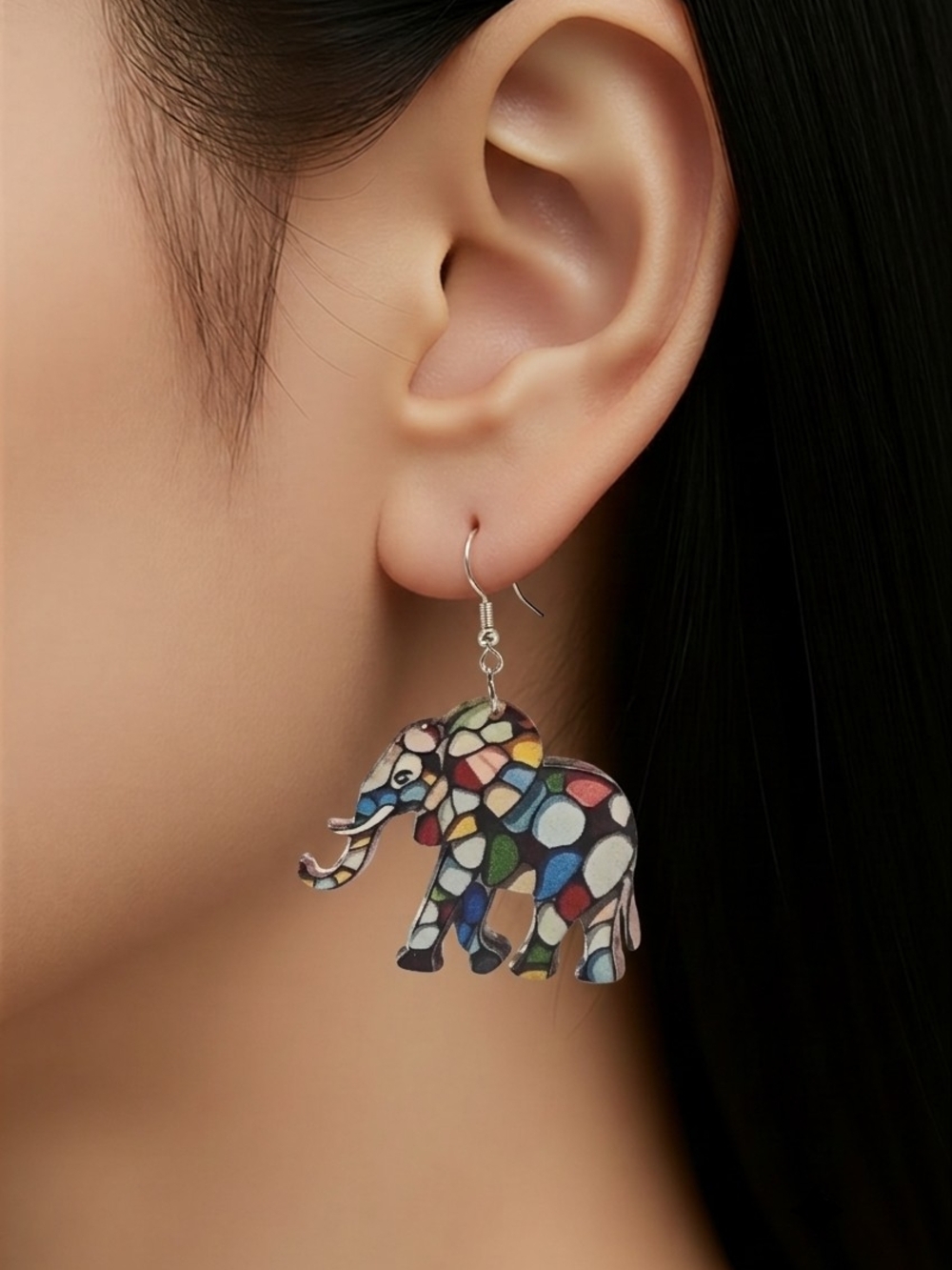 Mosaic Elephant Earrings Boho Multicolor Acrylic Artsy Dangle Statement Jewelry